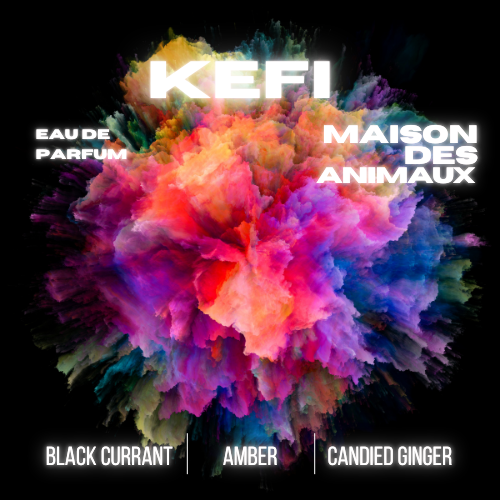 Abstract burst of pink, yellow, blue, and purple colors, featuring the "KEFI" logo by Maison des Animaux fragrances and the scent notes Black Currant, Amber, and Candied Ginger.