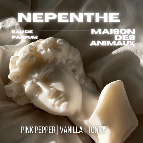 A white marble sculpture of a face draped in fabric, presenting "NEPENTHE" eau de parfum by "MAISON DES ANIMAUX" with scent notes of Pink Pepper, Vanilla, and Tonka.
