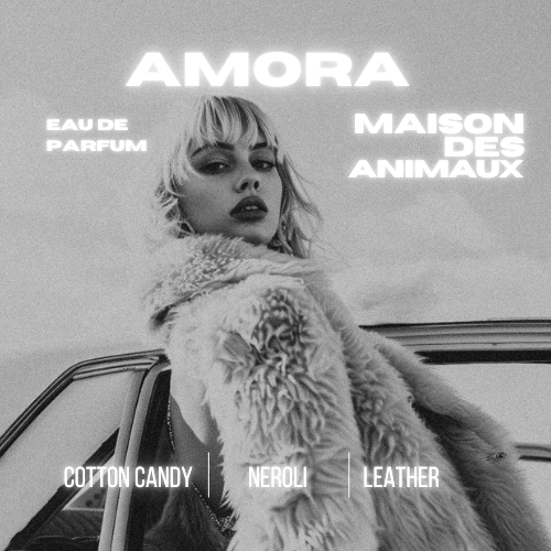 A black and white portrait of a person in a fluffy coat, presenting Amora eau de parfum by Maison des Animaux with scent notes of Cotton Candy, Neroli, and Leather.