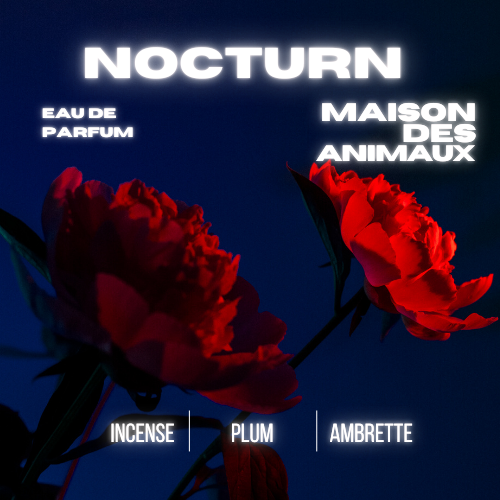 Advertisement for Nocturn Eau de Parfum by Maison Des Animaux, featuring a glowing red neon sign that reads "SINNER", and listing scent notes: Incense, Plum, Ambrette.