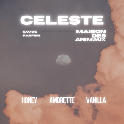 Clouds in warm tones with a small moon in the sky, presenting Celeste eau de parfum by Maison des Animaux with scent notes of Honey, Ambrette, and Vanilla.