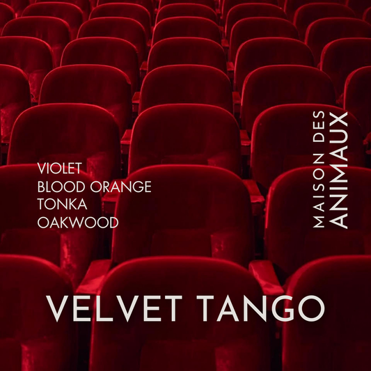 Red theater seats with 'Velvet Tango' fragrance description and Maison des Animaux branding.