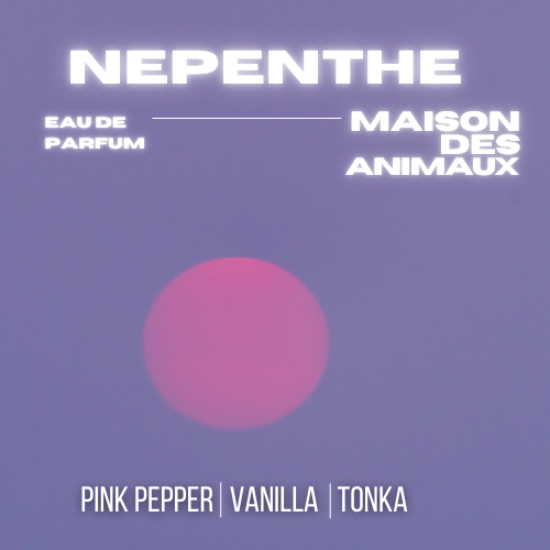 An abstract image with a large pink circle on a purple background, presenting Nepenthe eau de parfum by Maison des Animaux with scent notes of Pink Pepper, Vanilla, and Tonka.